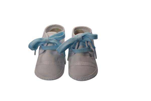 a pair of crib shoes with baby blue shoe laces