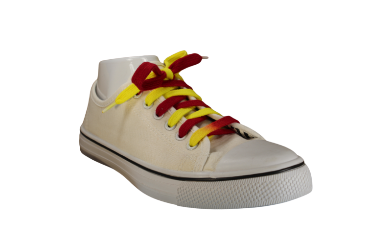 Red and Yellow shoelace in a white shoe