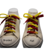 a pair shoes showing the difference between the braided style of shoelace and the flat style