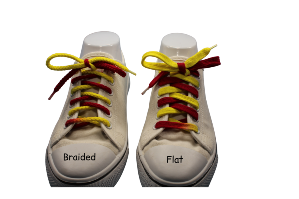 a pair shoes showing the difference between the braided style of shoelace and the flat style