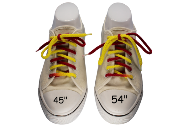 a pair of white sneakers with red and yellow bi-colored shoelaces with one shoelace length is 45" and one is 54"