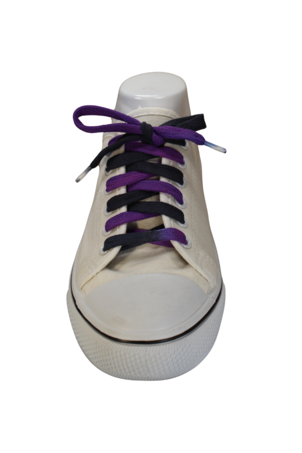 white shoe with a flat shoelace that is black and purple