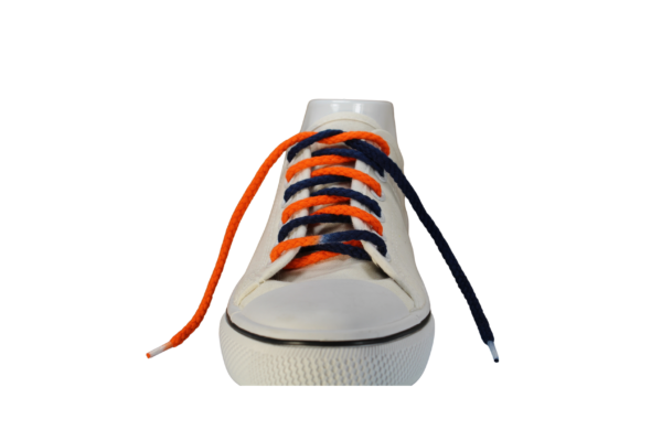 Navy Blue and Orange Shoelaces in a white sneaker