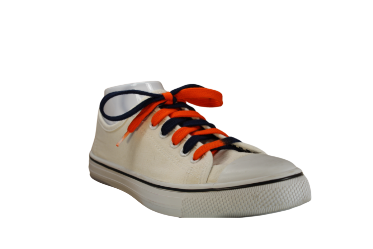 Navy Blue and Orange shoelaces in a white shoe