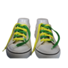 a pair of flat shoelaces that are green on one side yellow on the other