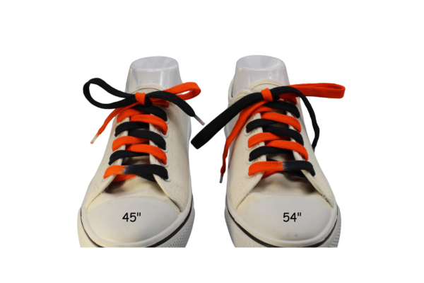 custom black and orange bi-colored shoelaces comparing 45" vs 54"