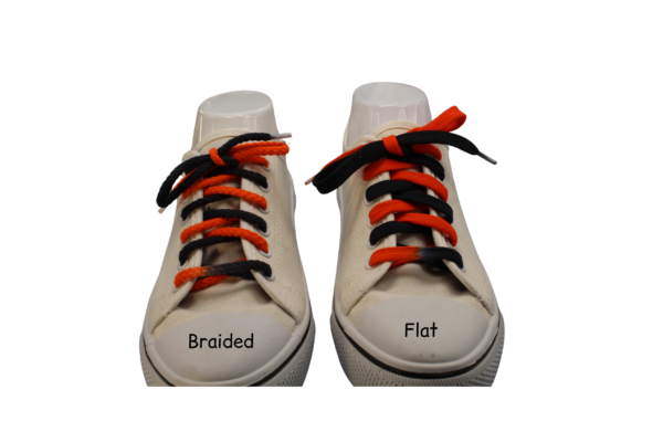 a pair of black and orange shoelaces comparing the braided vs the flat