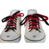a pair of white shoes with a 45" flat black and red shoelace on the left side and a 54" flat one on the right