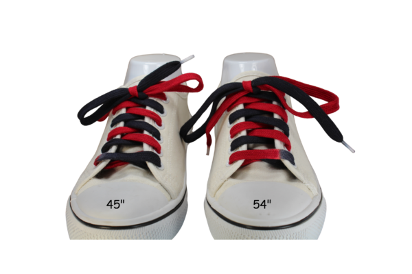 a pair of white shoes with a 45" flat black and red shoelace on the left side and a 54" flat one on the right