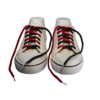a pair of white sneakers with braided red and black custom dyed shoelaces