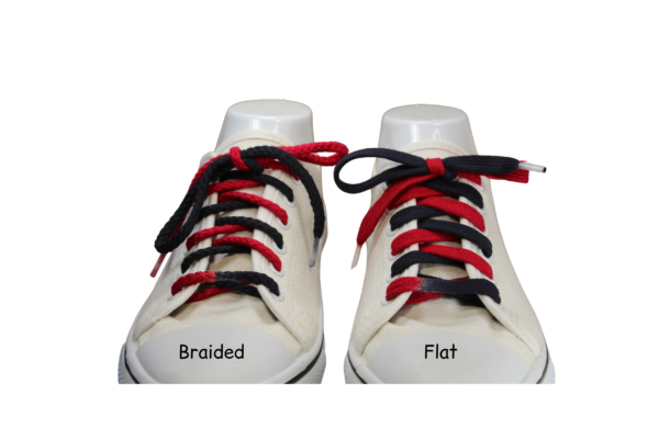 a comparison of braided (left) vs flat (flat)custom dyed red and black shoelaces