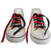 a pair of white shoelaces with flat custom dyed red and black shoelaces