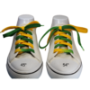 a pair of green and gold shoelaces comparing 45" on the left and 54" on the right