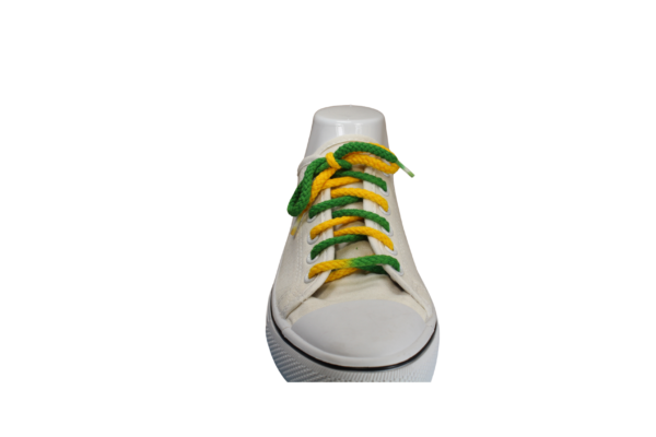 a single braided tied green and gold shoelace