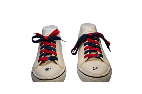 a comparison of a navy blue and red 45" shoelace on the left vs a 54" navy blue and red shoestring on the right