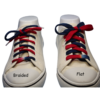 a comparison of a navy blue and red braided shoelace on the left vs a flat navy blue and red shoestring on the right