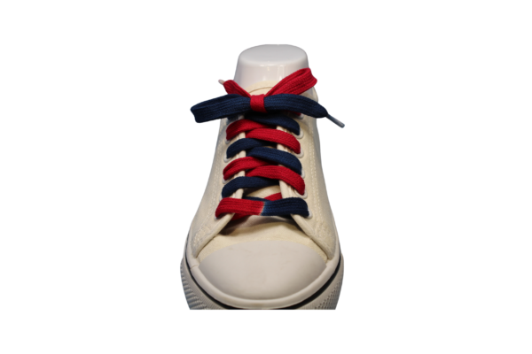 a single navy blue and red flat custom dyed shoelace