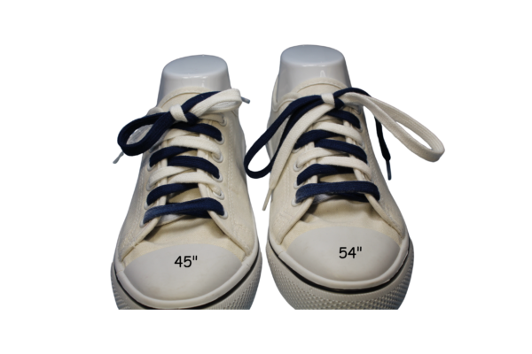 a comparison of 45" and 54" navy blue and white shoelaces