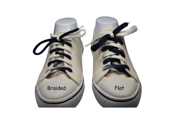 comparison of a braided shoelace and a flat shoelace colored navy blue and white