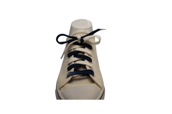 navy blue and white flat shoelace on a white shoe