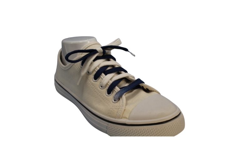 Navy Blue and White flat shoelaces in a white shoe