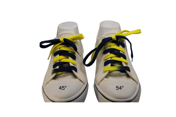 Comparison of a flat 45" navy blue and yellow shoelace and a 54" one
