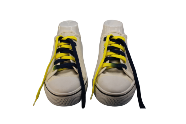 a pair of navy blue and yellow flat bi-colored shoelaces