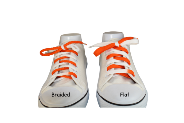 Comparison of what a braided shoelace and a flat shoelace look like next to each other