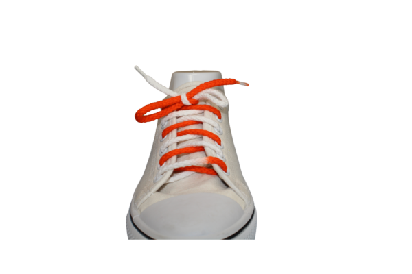 Orange and White braided shoelace in a white sneaker