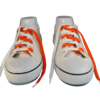 Orange and white flat untied shoelaces in a white sneaker