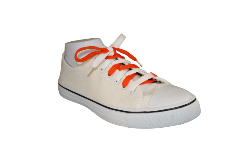 Orange and White shoelaces in a white sneaker
