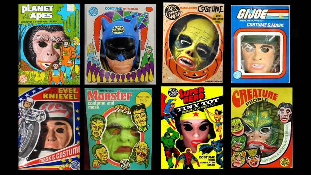Picture of various Halloween Costumes in boxes from the 1970's
